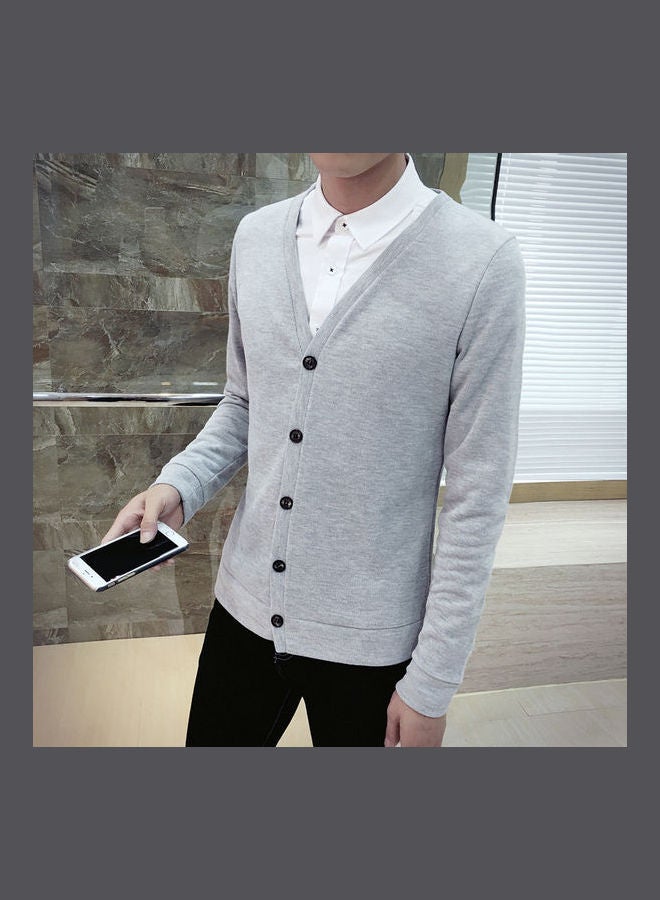 Cardigan V-Collar Sweater Thin Fashion Handsome Knitwear Casual Light Grey