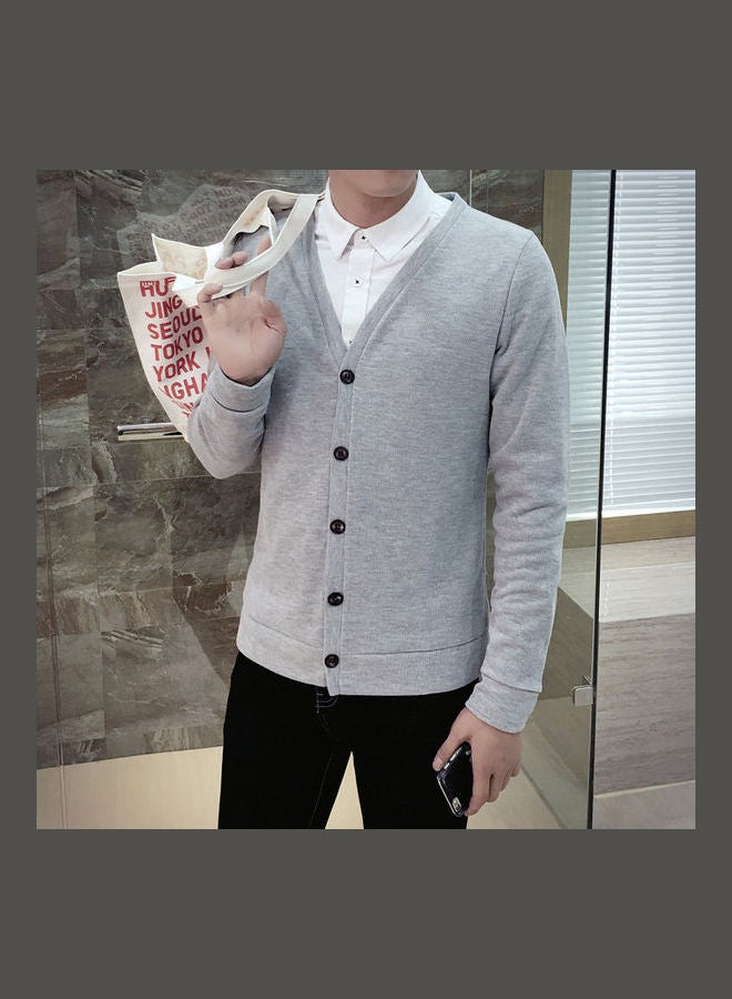 Cardigan V-Collar Sweater Thin Fashion Handsome Knitwear Casual Light Grey