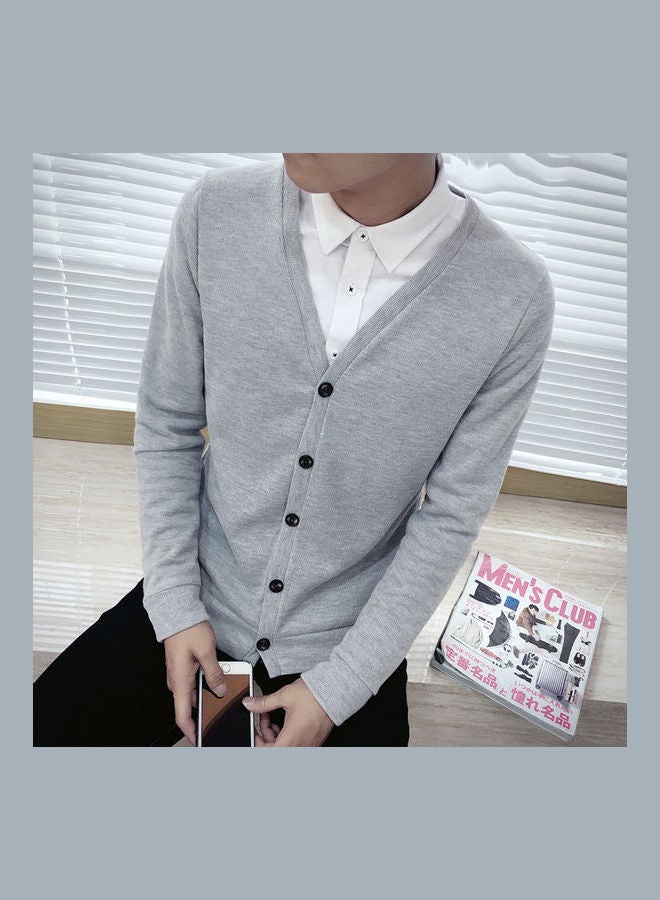 Cardigan V-Collar Sweater Thin Fashion Handsome Knitwear Casual Light Grey