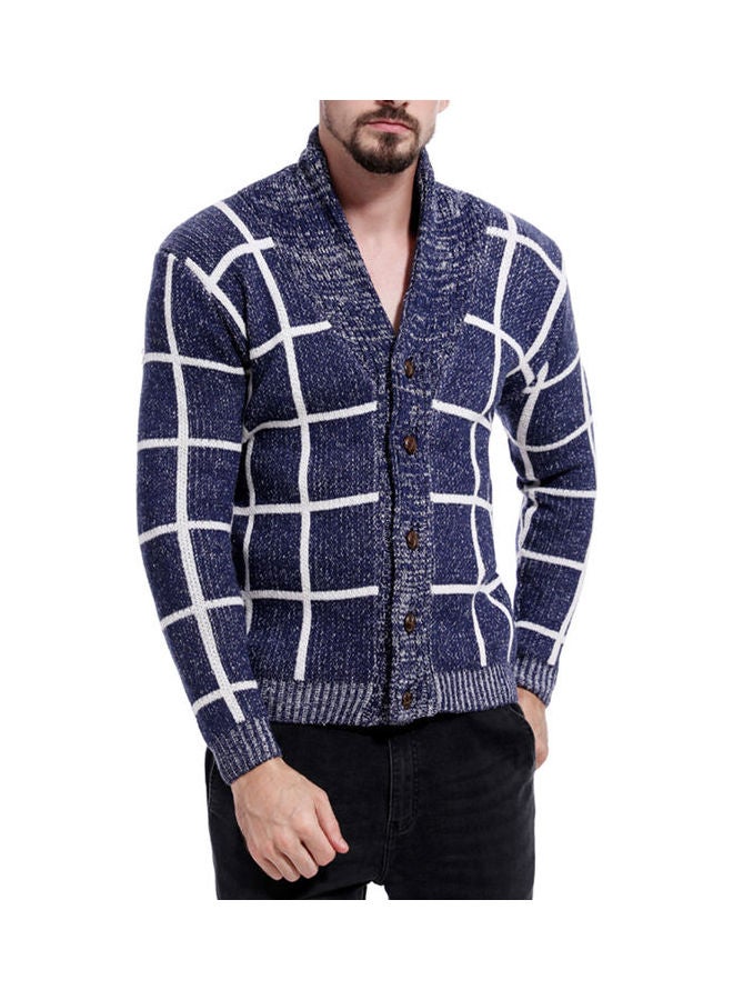 Knitting Plaid Cardigan Navy Blue