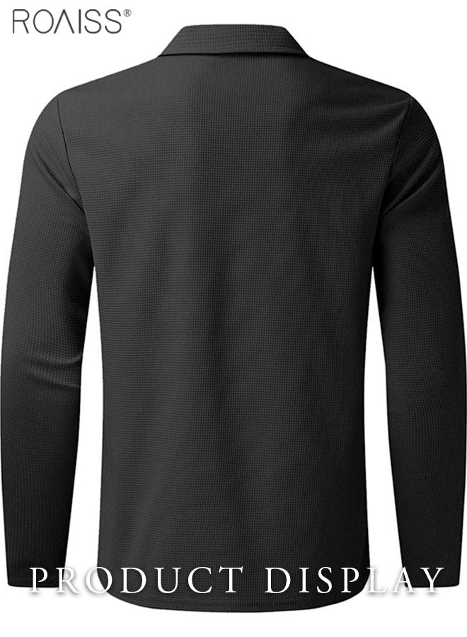 Mens Polo Shirt Zip Lapel Solid Stripe Print Long Sleeve Muscle Shirt Workout Winter Spring Athletic Plain T Shirt