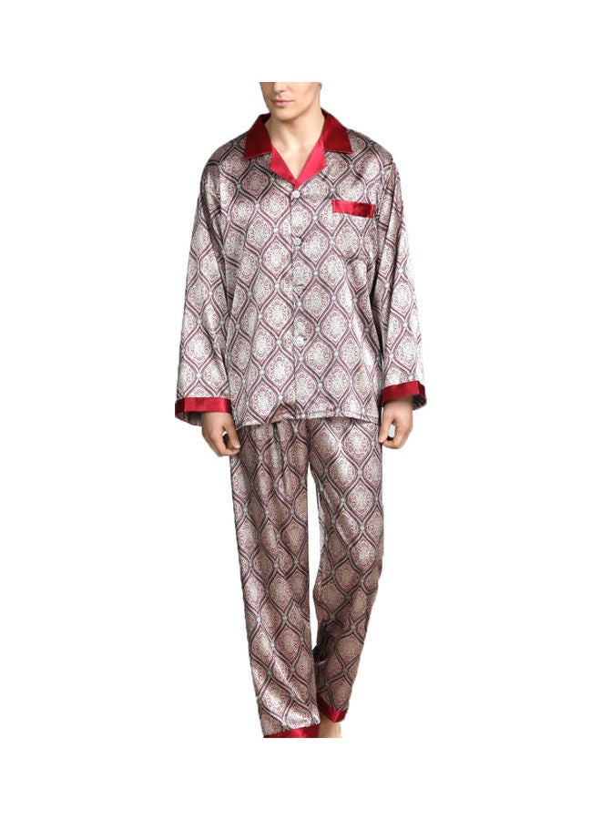 2-Piece Printed Silk Pyjama Set Red Square/Grey