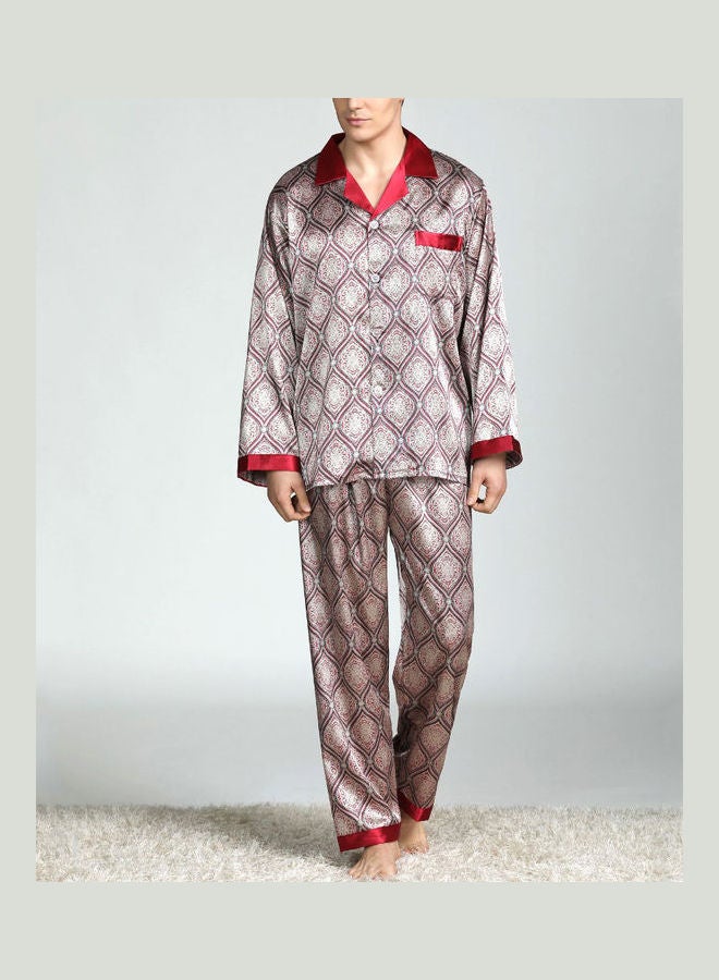 2-Piece Printed Silk Pyjama Set Red Circle/Grey