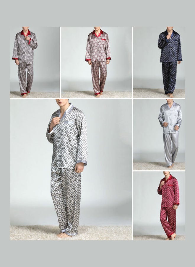 2-Piece Printed Silk Pyjama Set Red Circle/Grey