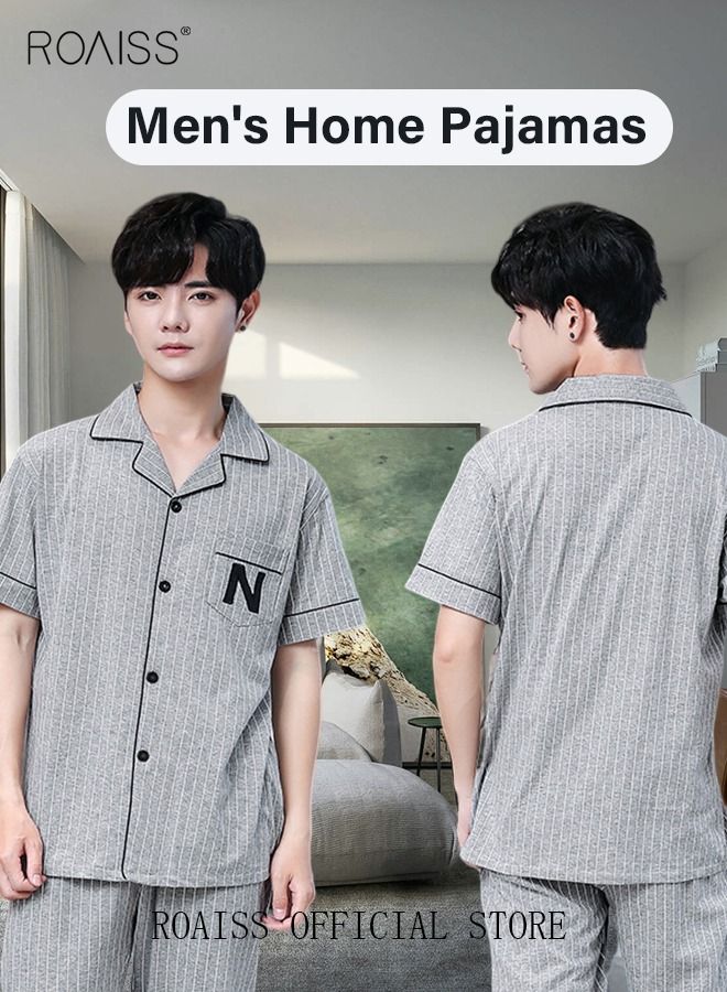 2-Piece Pajama Set Men's Cotton Short-Sleeved T-Shirt Long Pants Sets Pattern Sleepwear Nightgown Male Loose Spring Summer Thin Loungewear Home Clothes Grey