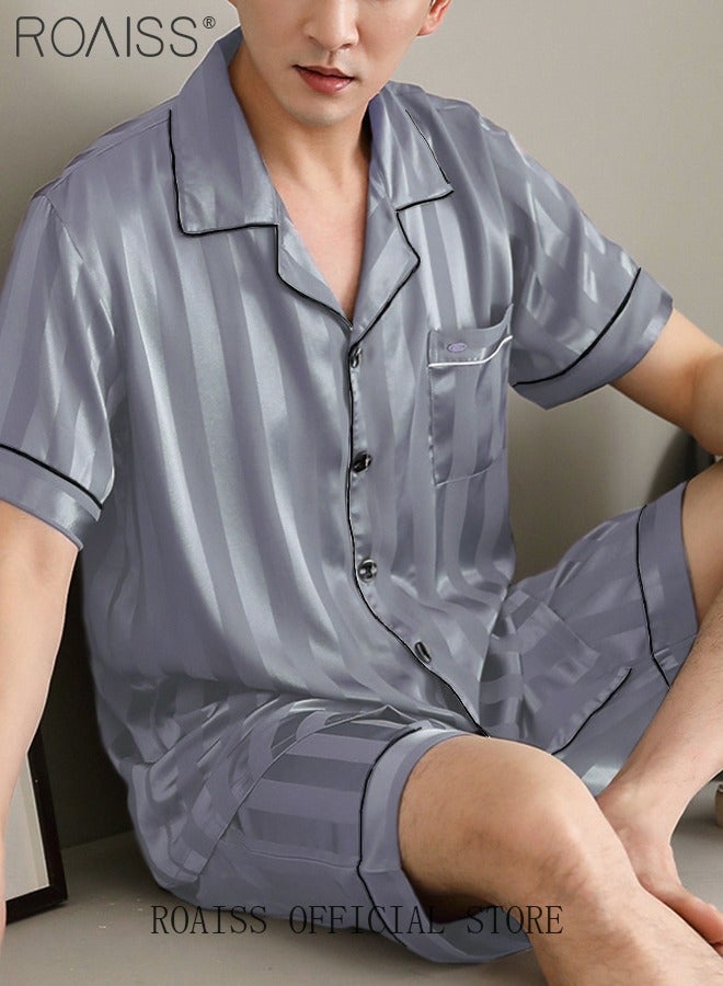 3-Piece Set Men's Short Sleeves Pajamas Pants Trousers Sleepwear Sets Satin Grid Printing Silk Nightgown Male Loose Shirts Spring Summer Loungewear Home Clothes