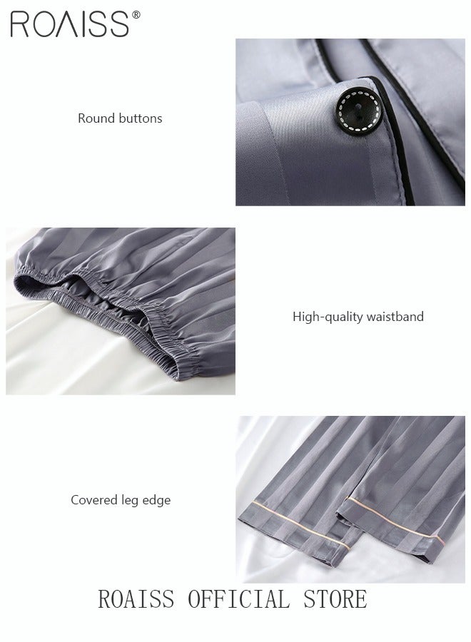 3-Piece Set Men's Short Sleeves Pajamas Pants Trousers Sleepwear Sets Satin Grid Printing Silk Nightgown Male Loose Shirts Spring Summer Loungewear Home Clothes