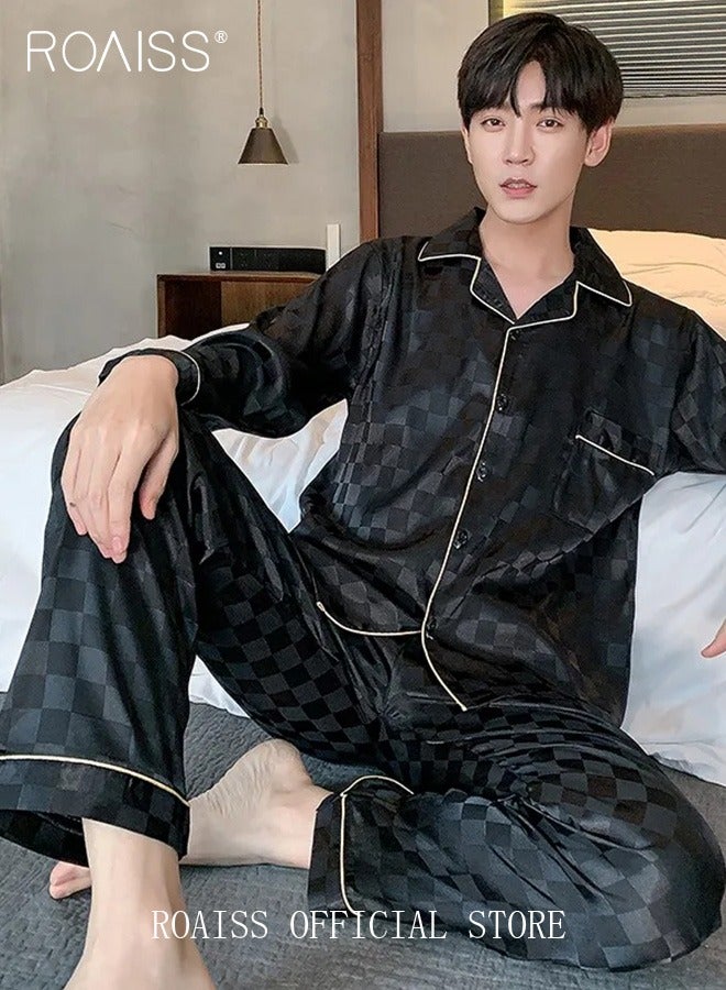 2-Piece Set Men's Long Sleeves Sleepwear Sets Satin Checked Printing Sleepwear Pajamas Pants Silk Nightgown Male Loose Shirts Spring Summer Loungewear Home Clothes