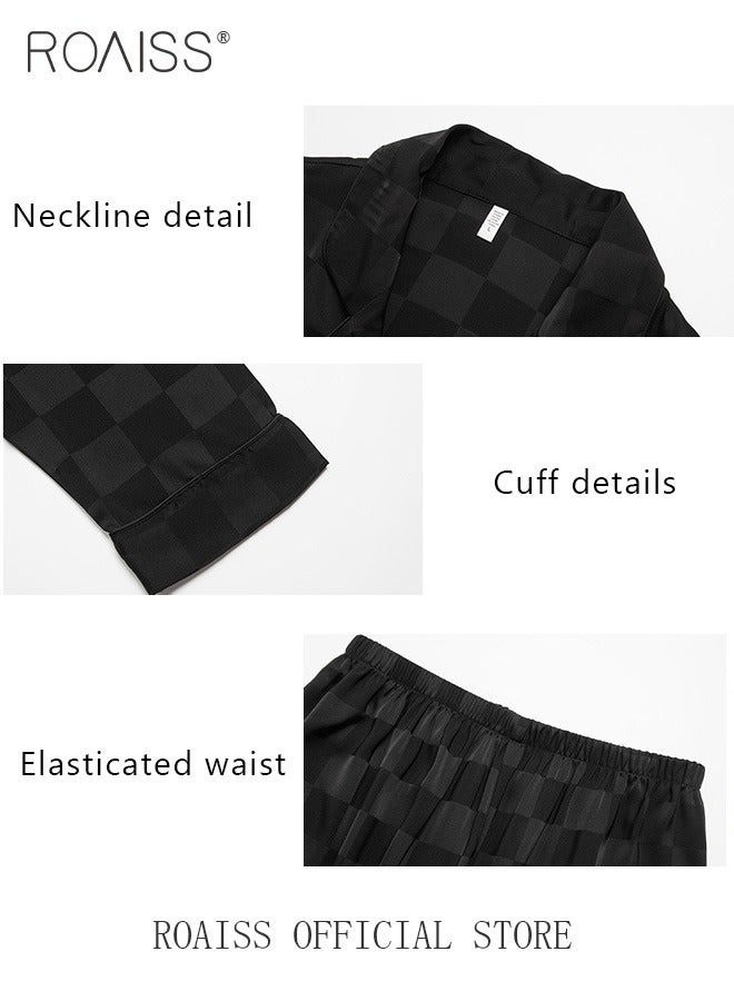 2-Piece Set Men's Long Sleeves Sleepwear Sets Satin Checked Printing Sleepwear Pajamas Pants Silk Nightgown Male Loose Shirts Spring Summer Loungewear Home Clothes