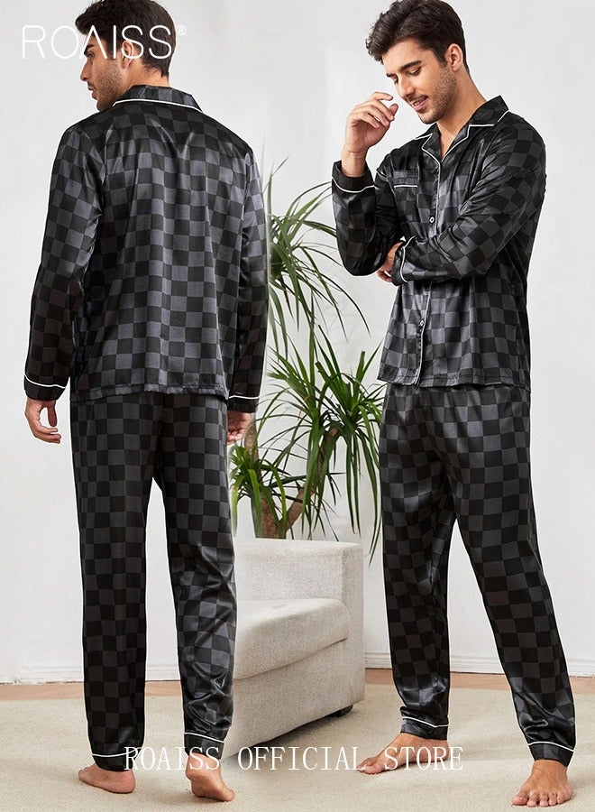 2-Piece Set Men's Long Sleeves Sleepwear Sets Satin Checked Printing Sleepwear Pajamas Pants Silk Nightgown Male Loose Shirts Spring Summer Loungewear Home Clothes