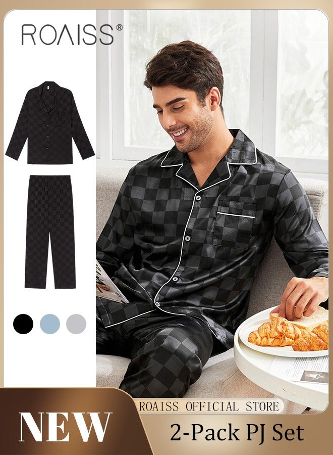 2-Piece Set Men's Long Sleeves Sleepwear Sets Satin Checked Printing Sleepwear Pajamas Pants Silk Nightgown Male Loose Shirts Spring Summer Loungewear Home Clothes