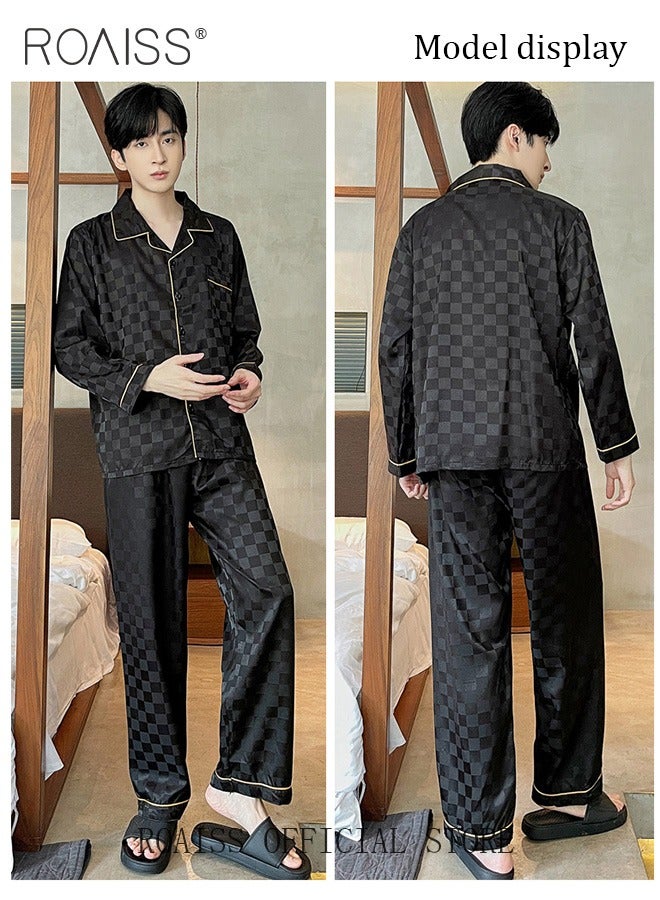 2-Piece Set Men's Long Sleeves Sleepwear Sets Satin Checked Printing Sleepwear Pajamas Pants Silk Nightgown Male Loose Shirts Spring Summer Loungewear Home Clothes