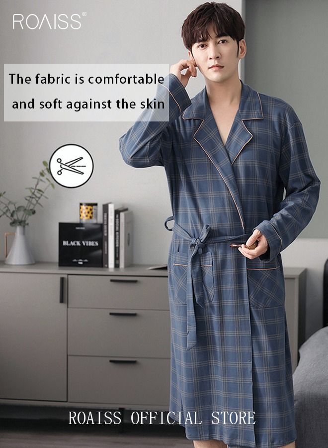 3 Piece Warm Pajamas Set for Men Lattice Simple Robe Long Cotton Sleepwear Suit Soft Home Men Pyjamas Set Autumn Winter Loose Skin Friendly Loungewear