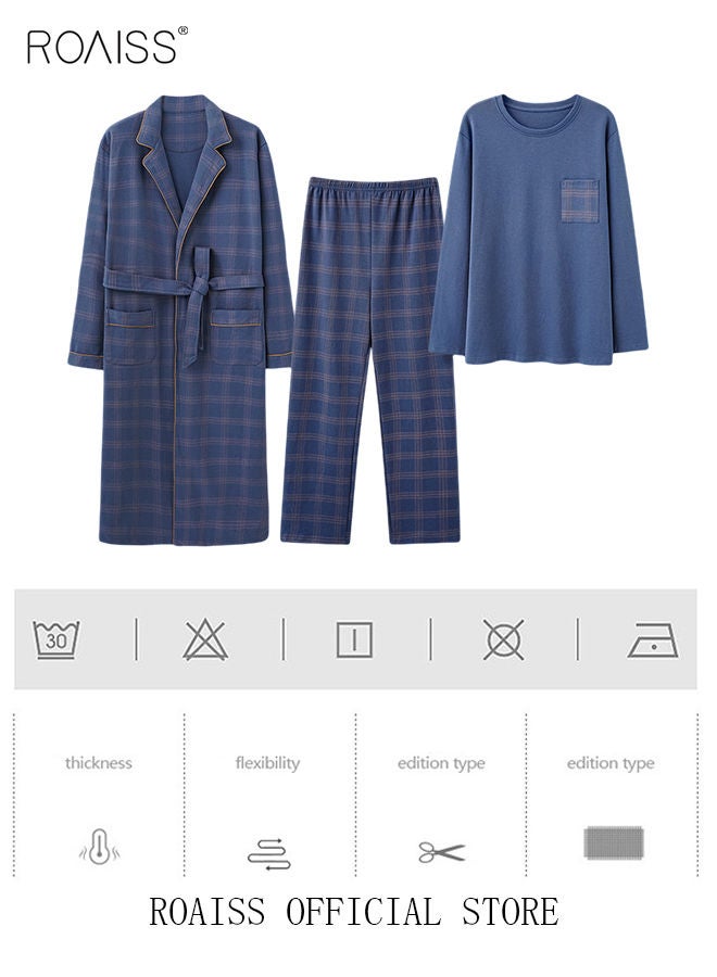 3 Piece Warm Pajamas Set for Men Lattice Simple Robe Long Cotton Sleepwear Suit Soft Home Men Pyjamas Set Autumn Winter Loose Skin Friendly Loungewear