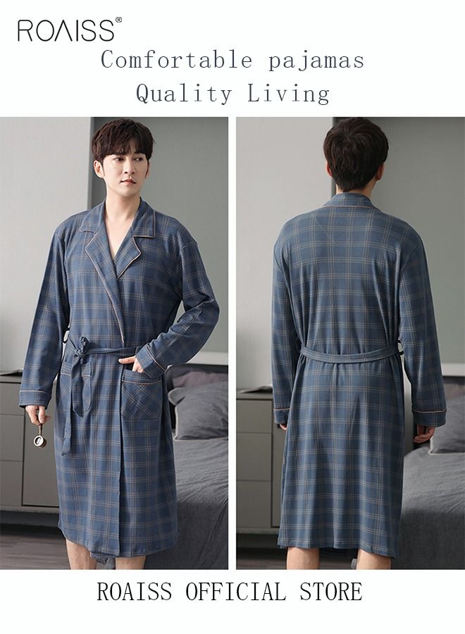 3 Piece Warm Pajamas Set for Men Lattice Simple Robe Long Cotton Sleepwear Suit Soft Home Men Pyjamas Set Autumn Winter Loose Skin Friendly Loungewear