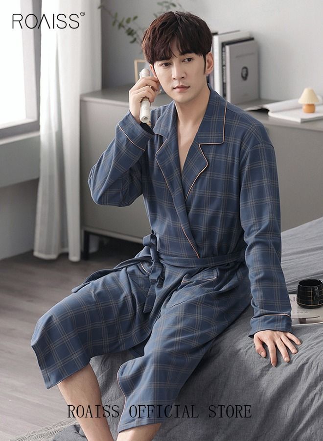 3 Piece Warm Pajamas Set for Men Lattice Simple Robe Long Cotton Sleepwear Suit Soft Home Men Pyjamas Set Autumn Winter Loose Skin Friendly Loungewear