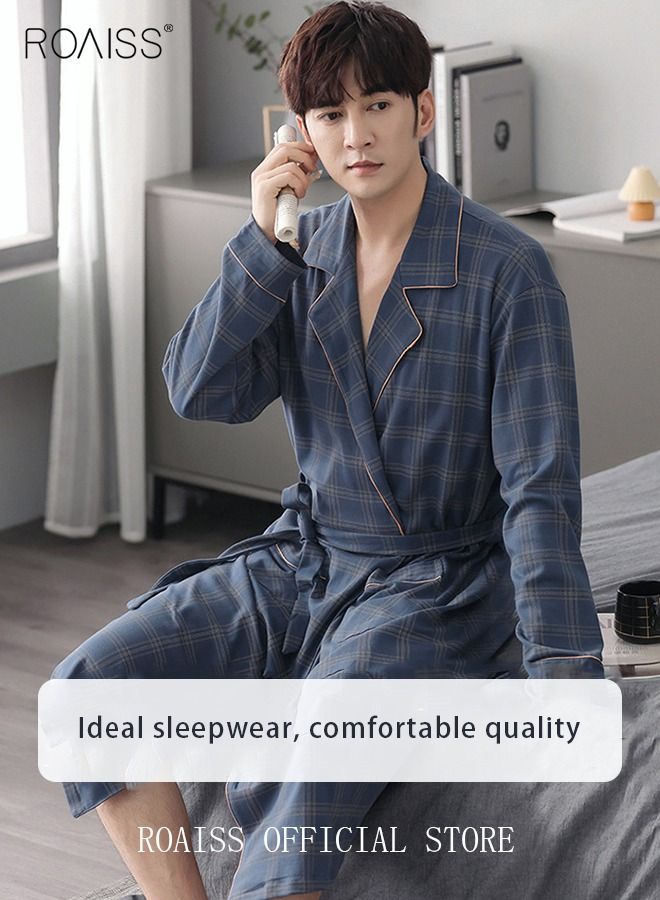 3 Piece Warm Pajamas Set for Men Lattice Simple Robe Long Cotton Sleepwear Suit Soft Home Men Pyjamas Set Autumn Winter Loose Skin Friendly Loungewear