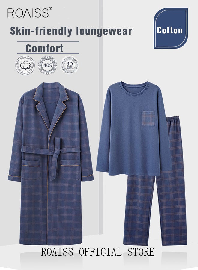 3 Piece Warm Pajamas Set for Men Lattice Simple Robe Long Cotton Sleepwear Suit Soft Home Men Pyjamas Set Autumn Winter Loose Skin Friendly Loungewear