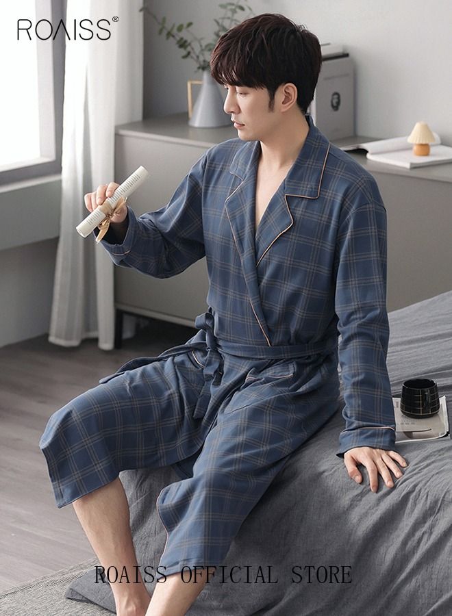 3 Piece Warm Pajamas Set for Men Lattice Simple Robe Long Cotton Sleepwear Suit Soft Home Men Pyjamas Set Autumn Winter Loose Skin Friendly Loungewear