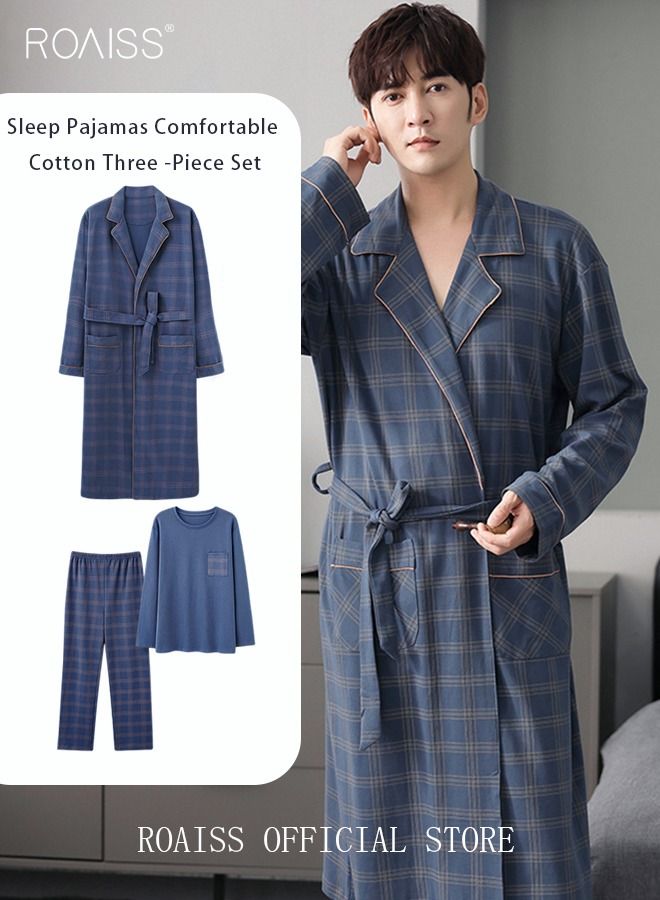 3 Piece Warm Pajamas Set for Men Lattice Simple Robe Long Cotton Sleepwear Suit Soft Home Men Pyjamas Set Autumn Winter Loose Skin Friendly Loungewear
