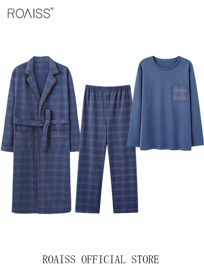 3 Piece Warm Pajamas Set for Men Lattice Simple Robe Long Cotton Sleepwear Suit Soft Home Men Pyjamas Set Autumn Winter Loose Skin Friendly Loungewear