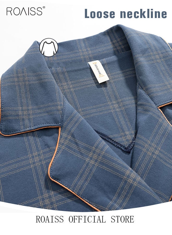 3 Piece Warm Pajamas Set for Men Lattice Simple Robe Long Cotton Sleepwear Suit Soft Home Men Pyjamas Set Autumn Winter Loose Skin Friendly Loungewear