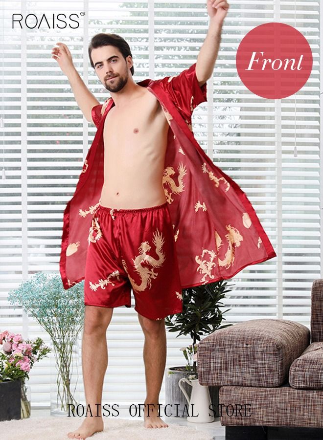 Pajama Shorts and Robe for Men Silk Dragon Pattern Pajamas Bathrobe gift for Boyfriend Husband Summer Loungewear Nightwear for Men