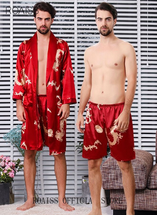 Pajama Shorts and Robe for Men Silk Dragon Pattern Pajamas Bathrobe gift for Boyfriend Husband Summer Loungewear Nightwear for Men