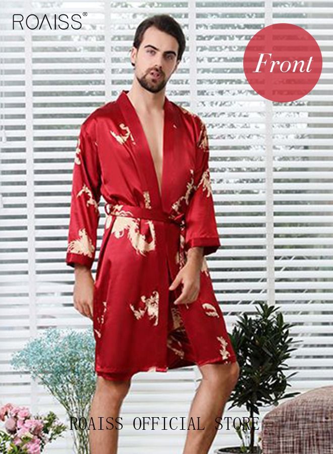 Pajama Shorts and Robe for Men Silk Dragon Pattern Pajamas Bathrobe gift for Boyfriend Husband Summer Loungewear Nightwear for Men