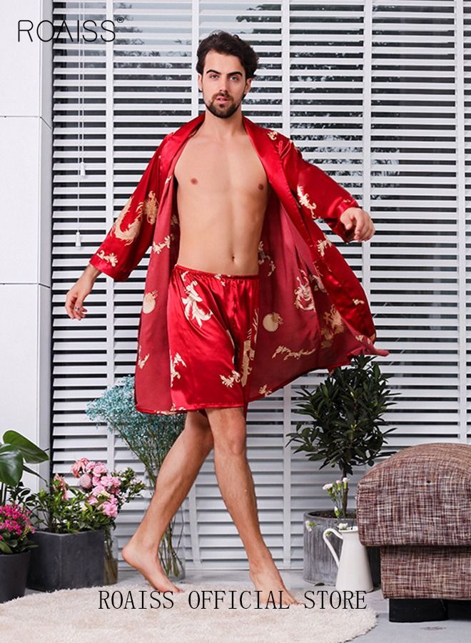 Pajama Shorts and Robe for Men Silk Dragon Pattern Pajamas Bathrobe gift for Boyfriend Husband Summer Loungewear Nightwear for Men