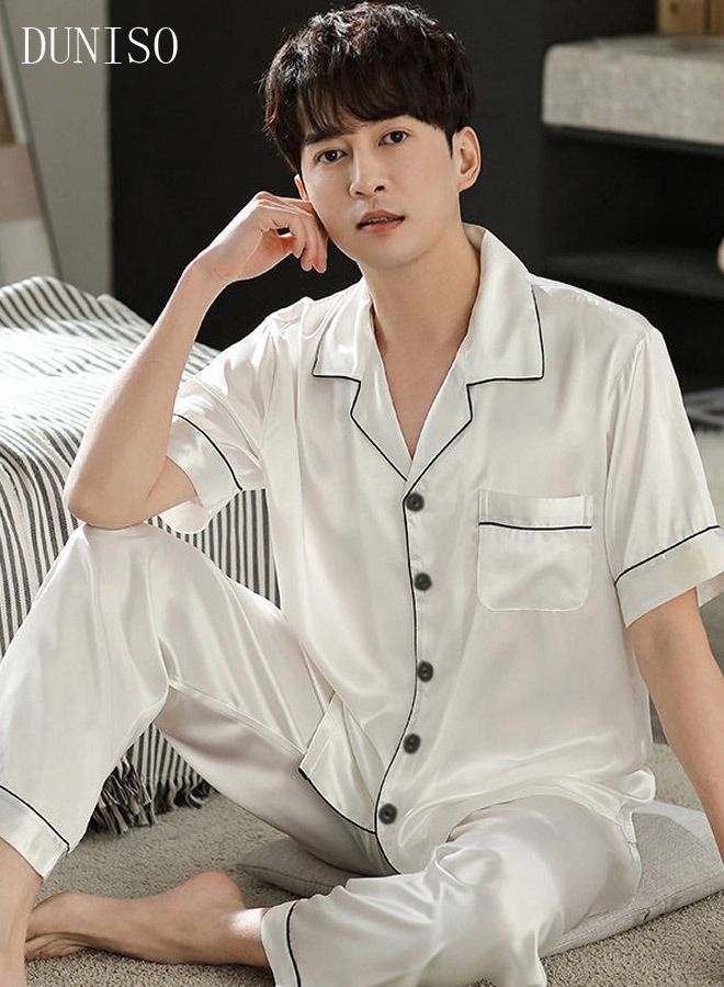 Men's Soft Pajamas Set Silky Sleepwear 2 Piece Short sleeve Summer Pajama Set Sleepwear Nightwear Loungewear Button-Down Pajama Sets