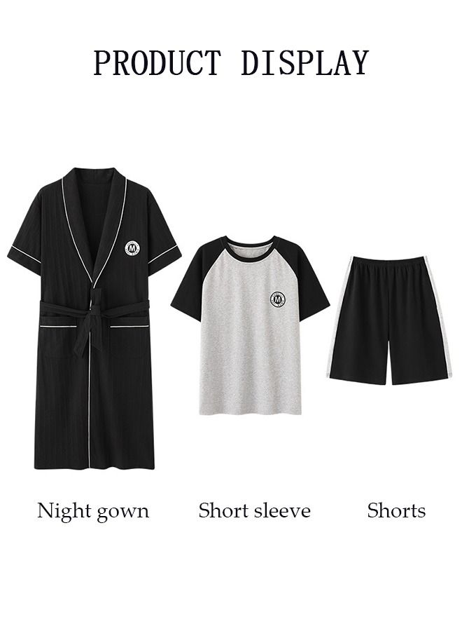 3 Piece Men' s Pajamas Set Long Robe Sleepwear Suit with Short Sleeves and Shorts Cotton Home Wear Males Soft Night Wear set Loungewear