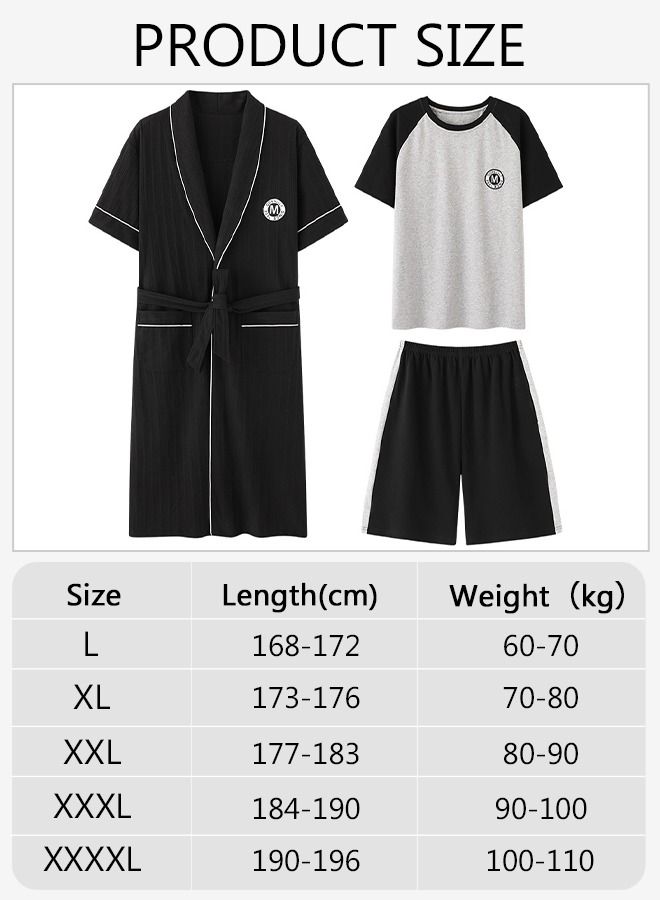 3 Piece Men' s Pajamas Set Long Robe Sleepwear Suit with Short Sleeves and Shorts Cotton Home Wear Males Soft Night Wear set Loungewear