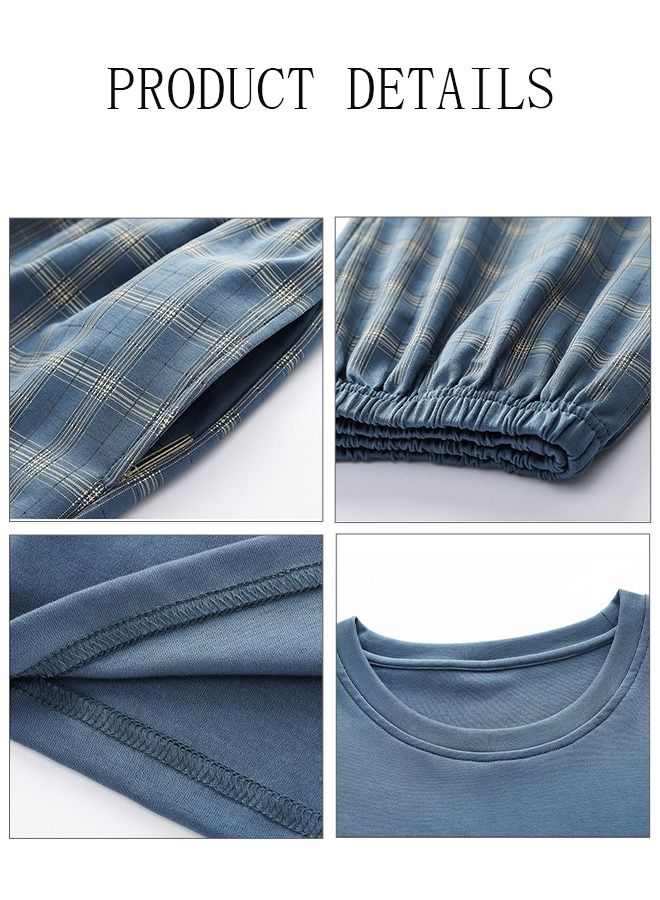 3-Piece Men's Pajamas Sets with Short Sleeves Grid Printing Trousers and Short Pants Males Round Neck Sleepwear Cotton Nightgown Loungewear  Homewear Clothes