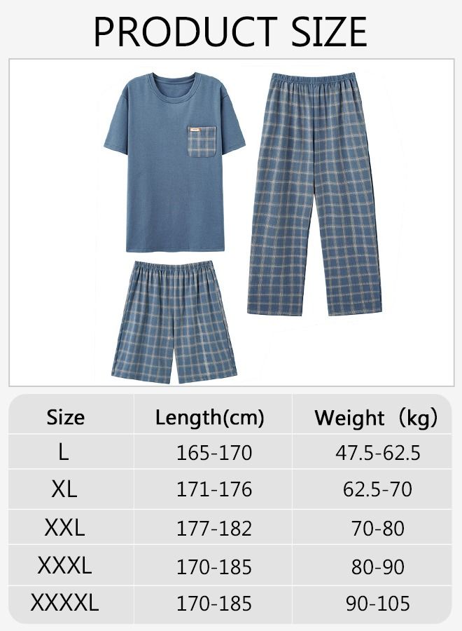 3-Piece Men's Pajamas Sets with Short Sleeves Grid Printing Trousers and Short Pants Males Round Neck Sleepwear Cotton Nightgown Loungewear  Homewear Clothes