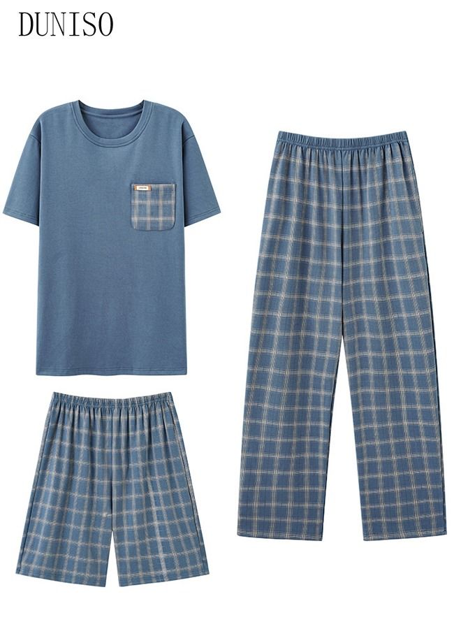 3-Piece Men's Pajamas Sets with Short Sleeves Grid Printing Trousers and Short Pants Males Round Neck Sleepwear Cotton Nightgown Loungewear  Homewear Clothes