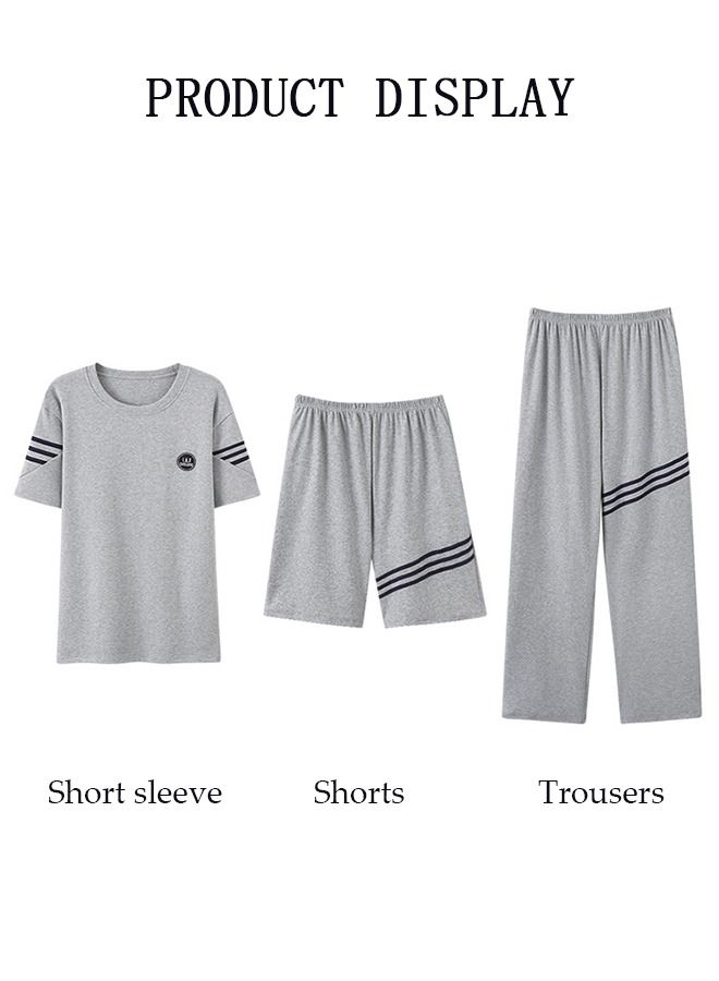 3-Piece Men's Pajamas Sets with Short Sleeves Trousers and Short Pants Males Round Neck Sleepwear Cotton Nightgown Loungewear  Homewear Clothes