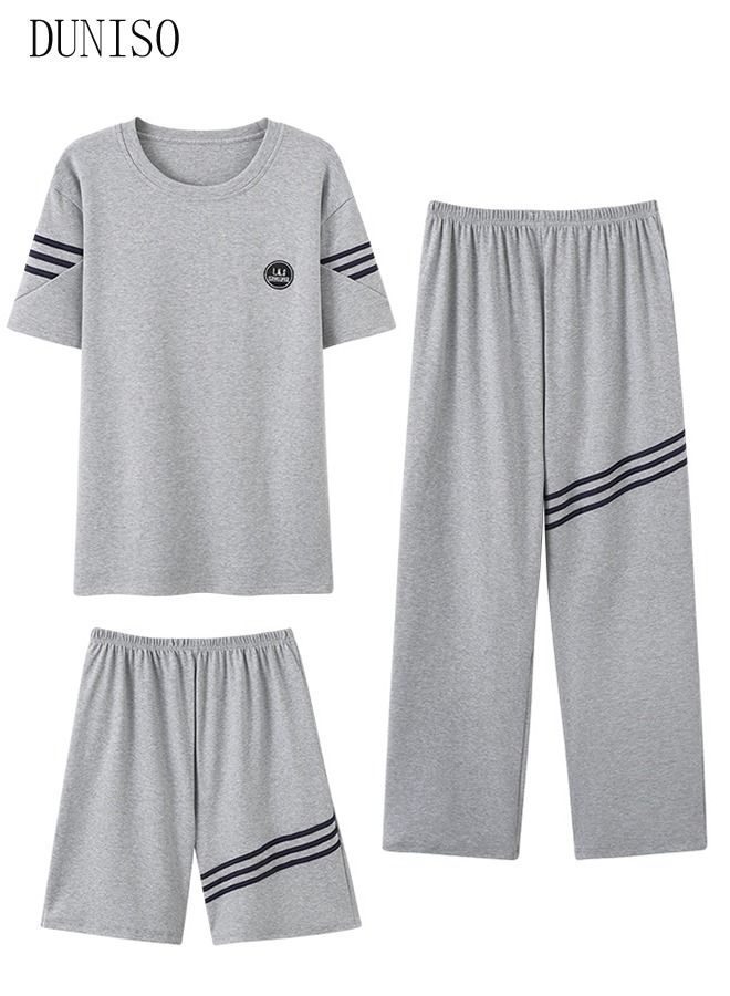 3-Piece Men's Pajamas Sets with Short Sleeves Trousers and Short Pants Males Round Neck Sleepwear Cotton Nightgown Loungewear  Homewear Clothes