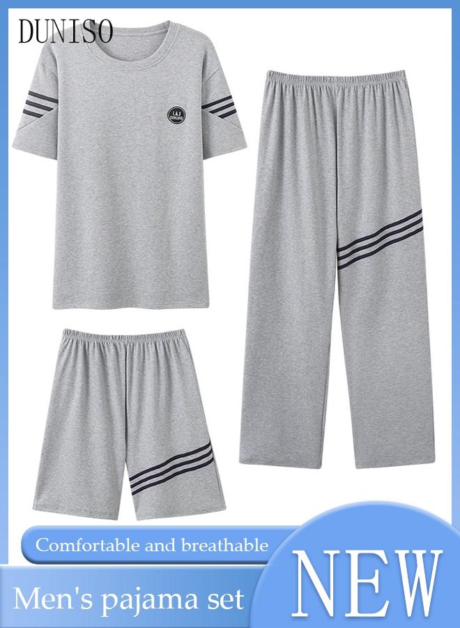 3-Piece Men's Pajamas Sets with Short Sleeves Trousers and Short Pants Males Round Neck Sleepwear Cotton Nightgown Loungewear  Homewear Clothes