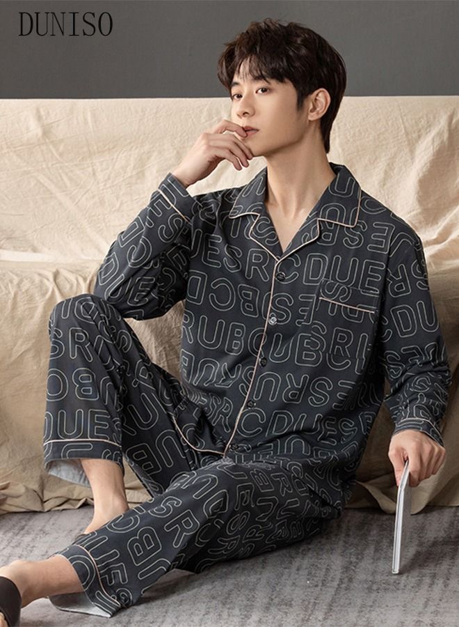 2-piece Men' s Pajama Set Cotton Long Sleeve Sleepwear with Button Classic Loungewear Nightwear Notch Neck Shirt and Waist Elastic Pants Pajama for Men Teenagers