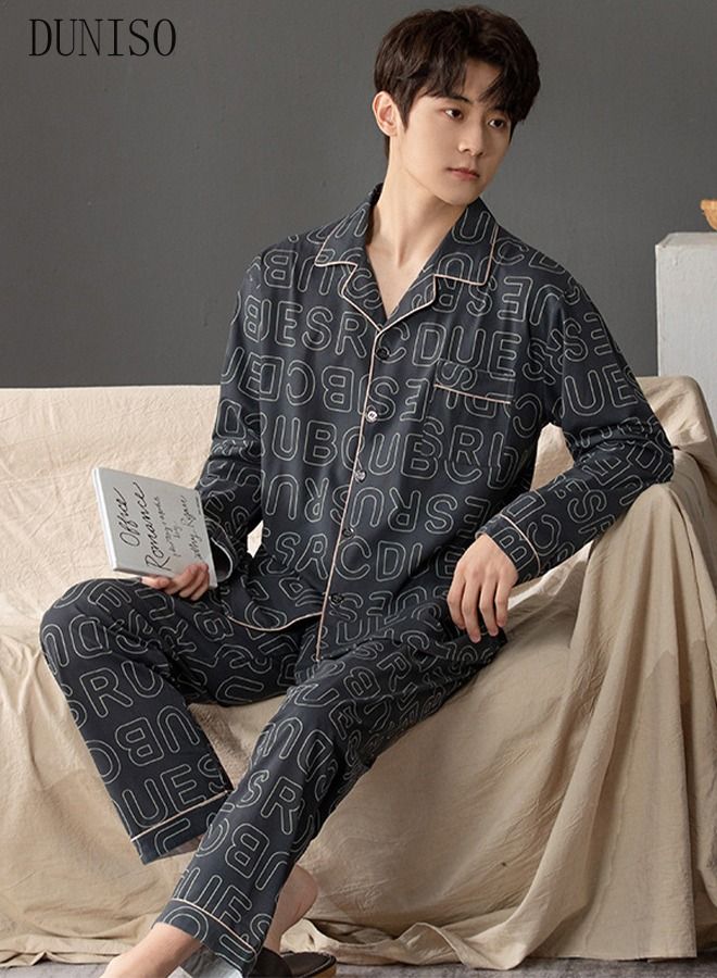 2-piece Men' s Pajama Set Cotton Long Sleeve Sleepwear with Button Classic Loungewear Nightwear Notch Neck Shirt and Waist Elastic Pants Pajama for Men Teenagers