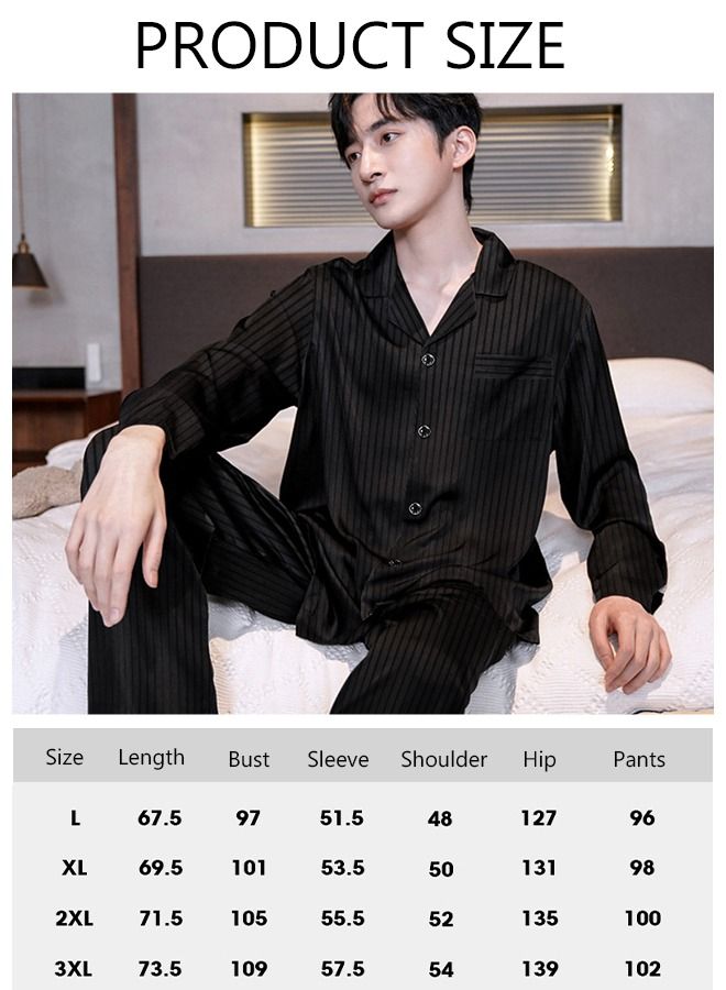 2-piece Men' s Pajama Sets Silk Satin Sleepwear Fashion Loungewear Nightwear Long Sleeve Notch Neck Shirt with Button Down and Waist Elastic Pants Pajama Set for Men