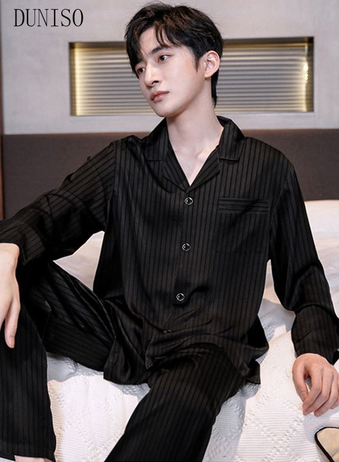 2-piece Men' s Pajama Sets Silk Satin Sleepwear Fashion Loungewear Nightwear Long Sleeve Notch Neck Shirt with Button Down and Waist Elastic Pants Pajama Set for Men