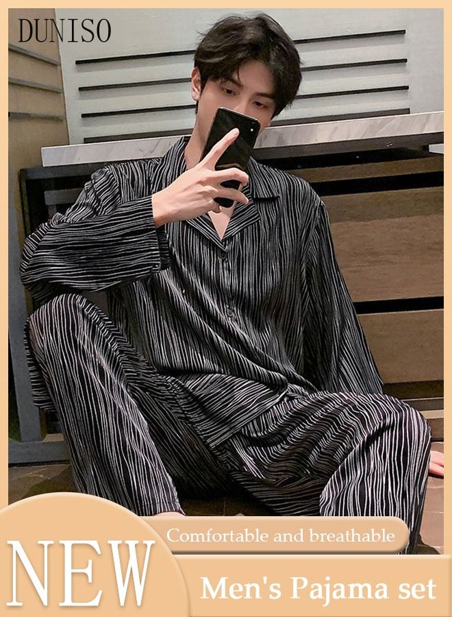 2-piece Men' s Pajama Set Silk Satin Long Sleeve Sleepwear with Button Classic Loungewear Nightwear Notch Neck Shirt and Waist Elastic Pants Pajama for Men