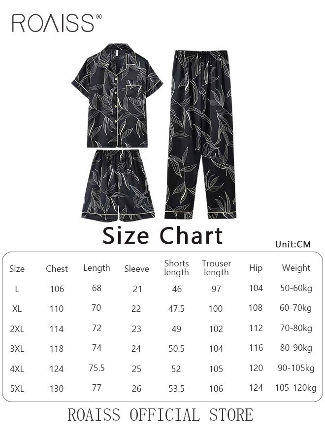 Men 3 Piece Loungewear Set   Short Sleeves Shorts & Long Pants   Ice Silk Pajamas Loose & Comfortable Skin Friendly Fabric
