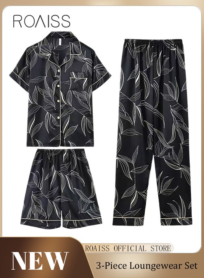 Men 3 Piece Loungewear Set   Short Sleeves Shorts & Long Pants   Ice Silk Pajamas Loose & Comfortable Skin Friendly Fabric
