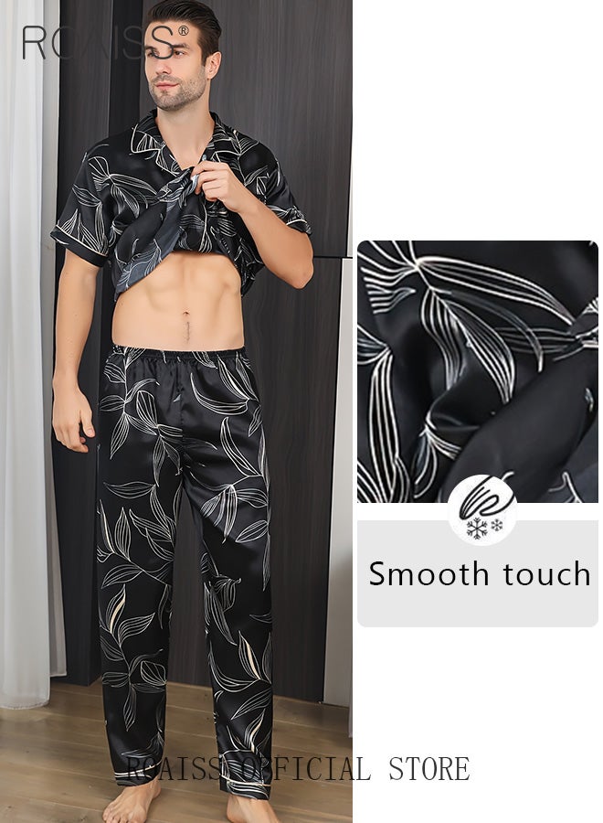 Men 3 Piece Loungewear Set   Short Sleeves Shorts & Long Pants   Ice Silk Pajamas Loose & Comfortable Skin Friendly Fabric