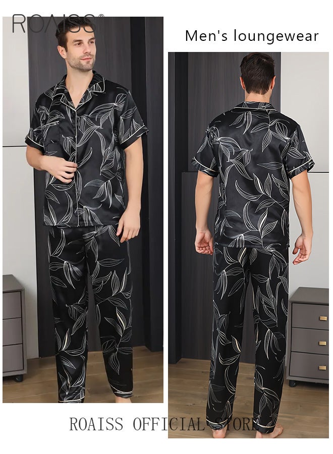 Men 3 Piece Loungewear Set   Short Sleeves Shorts & Long Pants   Ice Silk Pajamas Loose & Comfortable Skin Friendly Fabric