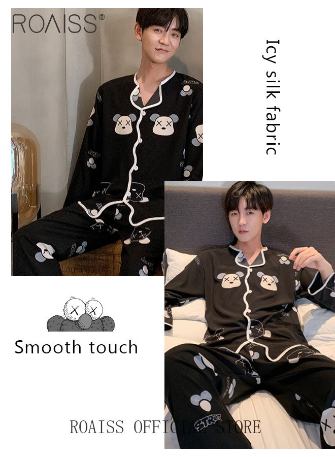 Men Ice Silk Loungewear Set  Long Sleeves & Pants  Soft Comfortable & Skin friendly  Loose and Thin  Can be Worn at Home or Outside