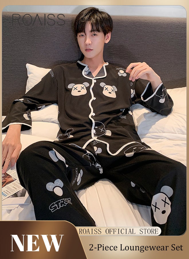 Men Ice Silk Loungewear Set  Long Sleeves & Pants  Soft Comfortable & Skin friendly  Loose and Thin  Can be Worn at Home or Outside